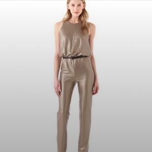 BCBGMaxAzria Lowe Metallic Gold Sleeveles Sequined Holiday Jumpsuit Sz XS